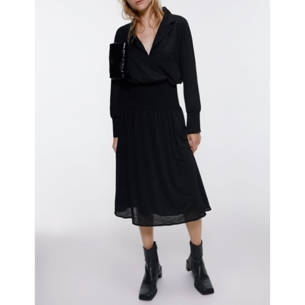 Zara Small Black Smocked Waist Long Sleeve Collared Midi Dress‎